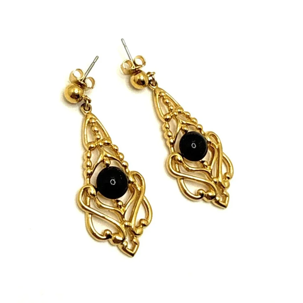 Vintage AVON 1991 GENTLE DRAMA Earrings Gold Tone Black Accent Victorian Style